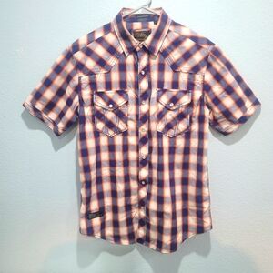 7 Diamonds Vintage Western Men's Navy White and Orange Plaid Shirt Size S
